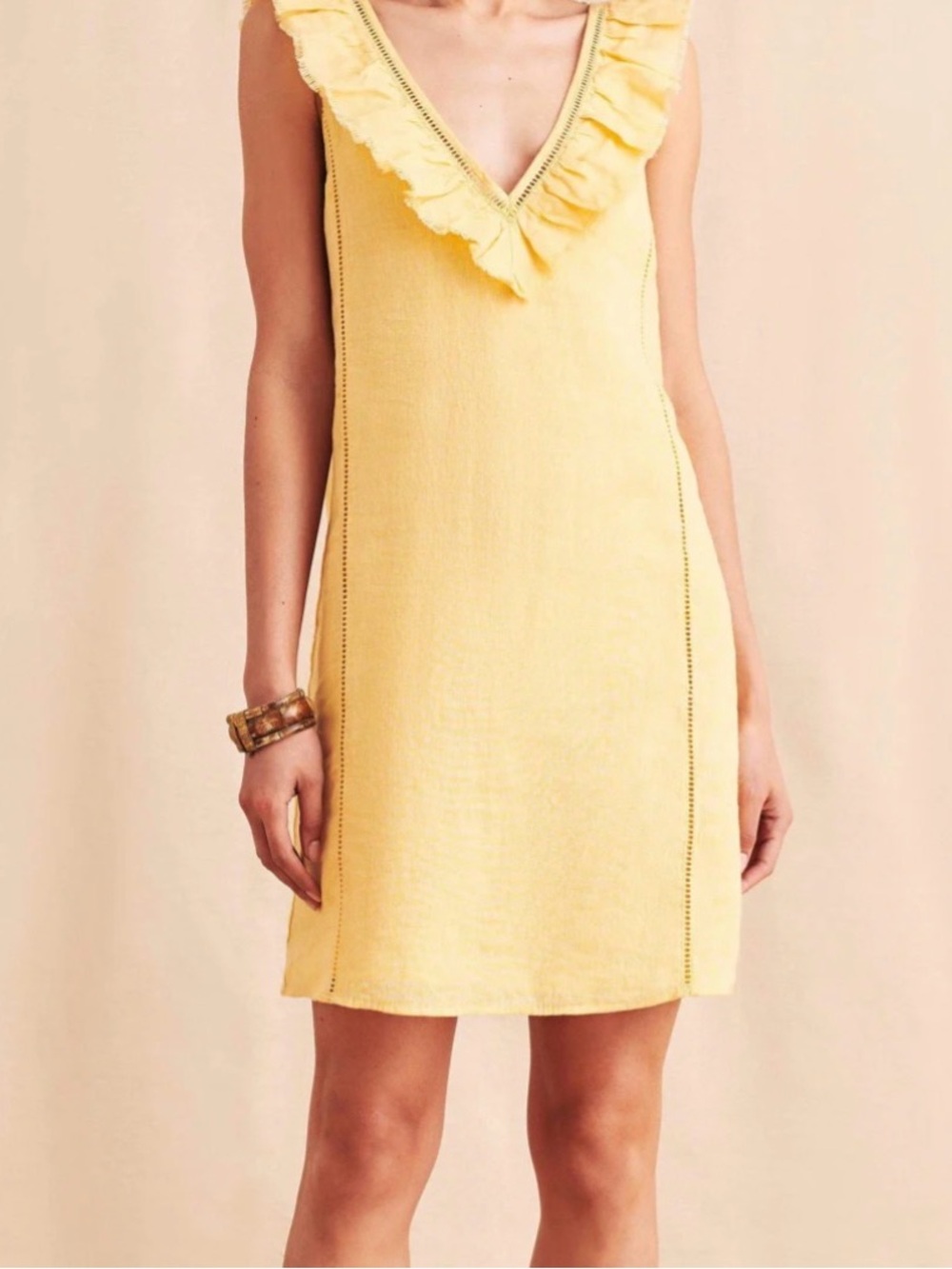 Faherty Yellow linen & cotton V-Neck Mini Dress